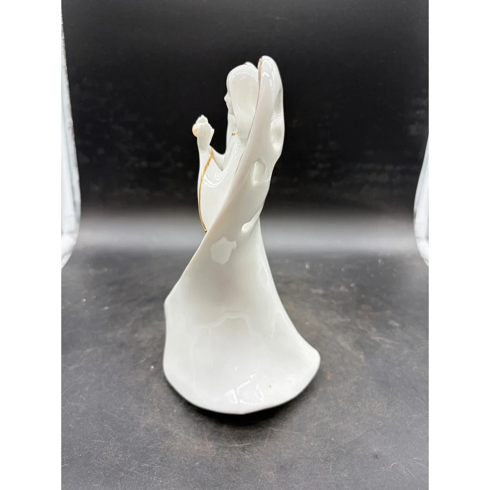 Fine Porcelain Praying Angel Tea Light Candle Holder White Gold Trim 7.5 Inch